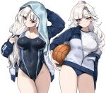  1girl asymmetrical_bangs ball basketball_(object) black_nails black_one-piece_swimsuit blue_hood blue_jacket blue_one-piece_swimsuit blue_shorts breasts carrying carrying_under_arm character_request check_character closed_mouth commentary_request cowboy_shot hair_ornament hairpin holding holding_ball hood hooded_jacket jacket jacket_over_sportswear large_breasts long_hair looking_at_viewer meg_(wakamepiza) multicolored_jacket multiple_hairpins multiple_views one-piece_swimsuit original parted_lips partially_unzipped purple_eyes removing_jacket shirt short_shorts shorts simple_background sportswear swimsuit thick_eyebrows two-tone_one-piece_swimsuit wakamepiza white_background white_hair white_jacket white_shirt 