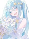  1girl :d aqua_eyes aqua_hair blush bouquet commentary_request dan5_thau detached_sleeves fang flower hair_intakes hair_ornament hatsune_miku hiramado_miku holding holding_bouquet kowareta_sekai_to_utaenai_miku looking_at_viewer official_alternate_costume project_sekai shirt smile solo spoilers teeth tongue twintails upper_teeth_only vocaloid white_background white_flower white_shirt white_sleeves x_hair_ornament 