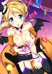  :o ayase_eli bat_wings belt black_legwear blonde_hair blue_eyes blush breast_hold breasts candy candy_cane cleavage crescent detached_collar detached_sleeves food garter_straps gem gradient gradient_background halloween hat jack-o'-lantern kouzuki_hajime lace large_breasts long_hair looking_at_viewer love_live! love_live!_school_idol_project midriff mini_hat mini_witch_hat miniskirt navel nipples no_bra no_shoes open_mouth ponytail pumpkin ribbon sitting skirt smile solo thighhighs wardrobe_malfunction wings witch_hat 