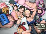  4girls abs animal animal_hood arcade_stick artist_name black_cat black_hair blonde_hair blue_sports_bra bottomless bracelet breasts breasts_apart brown_hair cammy_white cat cellphone character_doll chun-li cleavage commentary controller convenient_censoring cosplay covered_nipples crop_top dated doll drooling dualsense english_commentary english_text game_controller green_nails hair_through_hood han_juri hershuar holding holding_phone hood hood_up hoodie jewelry joystick large_breasts li-fen lying milestone_celebration mother_and_daughter multicolored_hair multiple_girls muscular muscular_female nachos no_bra no_panties official_alternate_costume onesie open_mouth open_pajamas pajamas panda_hood parted_lips phone pillow pink_pajamas playstation_controller smartphone smile spiked_bracelet spikes sports_bra spread_legs streaked_hair street_fighter street_fighter_6 tuxedo_cat twitter_username unworn_clothes v 