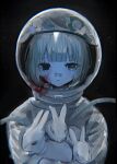  1girl animal bandaid bandaid_on_face bandaid_on_nose black_background blood closed_mouth crossed_bandaids hayu_(hayu0305) helmet heterochromia highres holding holding_animal holding_rabbit looking_at_viewer original rabbit revision solo space space_helmet spacesuit straight-on upper_body 