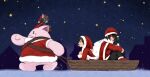  1boy 1girl 1other animal_on_head black_gloves black_hair black_pants boots brown_boots cait_sith_(final_fantasy) cape capelet cat cat_on_head christmas coat creature final_fantasy final_fantasy_vii fur-trimmed_capelet fur-trimmed_coat fur-trimmed_hood fur_trim gloves hair_between_eyes hat headband holding holding_sack hood hugging_own_legs long_hair moogle on_head on_roof open_mouth pants red_boots red_cape red_headband s_m_man sack santa_hat short_hair sky sleigh smile star_(sky) starry_sky tuxedo_cat vincent_valentine yuffie_kisaragi 