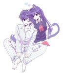  1boy 1girl :3 animal_ears barefoot blue_pajamas blue_pants blush bright_pupils cat_ears cat_girl cat_tail closed_mouth collared_pajamas collared_shirt colored_skin commentary_request dog_boy dog_ears dog_tail double-parted_bangs fang hair_between_eyes heart hero_(headspace)_(omori) hero_(omori) highres kemonomimi_mode long_hair long_sleeves mari_(headspace)_(omori) mari_(omori) neckerchief omori one_eye_closed open_mouth pajamas pants purple_eyes purple_hair purple_sweater_vest red_neckerchief salt_xs2 shirt short_hair short_sleeves simple_background sketch smile striped_clothes striped_pajamas striped_pants sweatdrop sweater_vest tail two-tone_pajamas two-tone_pants vertical-striped_clothes vertical-striped_pajamas vertical-striped_pants white_background white_pajamas white_pants white_pupils white_shirt white_skin 