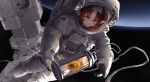  1girl absurdres apple arknights astronaut blush earth_(planet) food fruit golden_apple green_eyes helmet highres ky_dako long_hair myrtle_(arknights) planet pointy_ears red_hair rhodes_island_logo_(arknights) smile solo space space_helmet space_station spacesuit 