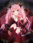  arukanu blush boots chair detached_sleeves dress fang feathers frilled_dress frills hair_ribbon hand_on_own_cheek hato_no_yukiji knee_boots knee_up krul_tepes long_hair looking_at_viewer neck_ribbon open_mouth owari_no_seraph pink_eyes pink_hair pointy_ears ribbon shadow sitting solo striped striped_background two_side_up 