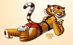  anthro bikini bra butt clothing delidah dreamworks feline female fur kung_fu_panda looking_at_viewer mammal master_tigress red_eyes shading smaile solo swimsuit tiger underwear 