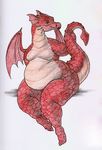  2014 anthro anthrofied belly big_belly breasts cageofmirrors_(artist) dragon dragon_(shrek) female fin green_eyes half-closed_eyes looking_at_viewer nude obese overweight pink_skin raised_tail red_scales scales scalie seductive shrek_(series) simple_background sitting sketch solo spikes traditional_media_(artwork) white_background white_scales wide_hips wings 