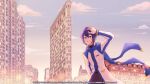  1boy arm_at_side blue_eyes blue_hair blue_nails blue_scarf blue_trim blush_stickers brown_pants building cloud coat commentary copyright_notice cowboy_shot english_commentary evening guest_art hair_between_eyes hand_up headset high_collar highres kaito_(vocaloid) kaito_(vocaloid3) long_sleeves male_focus nail_polish nemupan new_york_city official_art outdoors pants project_sekai scarf second-party_source see-through_scarf short_hair sidelocks sky skyscraper smile solo standing teeth urban vocaloid white_coat 