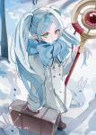 1girl animal blue_scarf boots breath brown_boots coat commentary_request day earrings elf frieren fringe_trim glint green_eyes grey_hair highres holding holding_staff iren_lovel jewelry long_hair long_sleeves orb outdoors parted_bangs parted_lips pointy_ears rabbit scarf short_eyebrows snow solo sousou_no_frieren staff suitcase thick_eyebrows twintails very_long_hair white_coat 