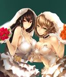  absurdres asymmetrical_docking bare_arms bare_shoulders black_hair bouquet breast_press breasts bridal_veil bride brown_hair choker cleavage ctrlz77 dress flower green_eyes headdress highres kantai_collection large_breasts long_hair multiple_girls mutsu_(kantai_collection) nagato_(kantai_collection) navel navel_cutout red_eyes short_hair smile strapless veil wedding_dress 
