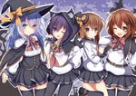  ;d akatsuki_(kantai_collection) alternate_headwear animal_hood aruka_(alka_p1) badge black_legwear blue_eyes brown_eyes cat_hood commentary_request fangs hair_ornament hairclip halloween hat hibiki_(kantai_collection) hood ikazuchi_(kantai_collection) inazuma_(kantai_collection) kantai_collection kneehighs long_hair long_sleeves mini_hat mini_top_hat multiple_girls neckerchief one_eye_closed open_mouth pantyhose pleated_skirt purple_hair red_neckwear school_uniform serafuku short_hair silver_hair skirt smile thighhighs top_hat witch_hat 