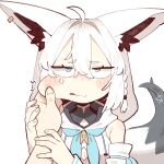  1girl 1other ahoge animal_ear_fluff animal_ear_piercing animal_ears bare_shoulders braid cocomayo29_(tomato) commentary_request earrings fox_ears fox_girl fox_tail hair_between_eyes hands_on_another's_arm hololive jewelry korean_commentary long_hair looking_at_viewer meme pentagram pov pov_cheek_grabbing_(meme) shirakami_fubuki shirakami_fubuki_(1st_costume) simple_background single_braid single_earring tail virtual_youtuber white_hair 