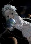  1girl bandaid bandaid_on_face bandaid_on_nose black_background blue_eyes blue_skirt blunt_bangs bonnet braid chewing choker closed_mouth earth_(planet) eating feet_out_of_frame frilled_choker frilled_shirt_collar frills giant giantess grey_hair hayu_(hayu0305) highres holding_planet long_hair long_sleeves looking_at_viewer orbital_path original planet pleated_skirt revision simple_background skirt solar_system solo space star_(symbol) sweater twin_braids twintails very_long_hair white_choker white_sweater 