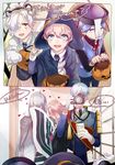  akita_toushirou animal_ears aqua_hair armor blue_eyes blue_hair blush camera cellphone covering_face english fake_animal_ears gloves gokotai halloween hat heart ichigo_hitofuri jack-o'-lantern japanese_armor japanese_clothes jiangshi_costume jou_(13736331) kousetsu_samonji male_focus multiple_boys necktie ofuda paws phone pink_hair sayo_samonji shoulder_armor smartphone sode souza_samonji tiger_ears tiger_paws touken_ranbu trick_or_treat white_gloves white_hair witch_hat yellow_eyes 