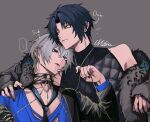  ... 2boys arrow_(symbol) asaba_harumasa bare_shoulders black_hair black_jacket black_nails black_necktie black_shirt blue_shirt chain chain_necklace choker closed_mouth collarbone commentary_request ear_piercing earrings fur-trimmed_jacket fur_trim green_eyes grey_background grey_hair hair_between_eyes hand_on_another's_shoulder hand_up highres jacket jewelry looking_at_another male_focus moz_ez365 multiple_boys necklace necktie o-ring o-ring_choker official_alternate_costume parted_bangs piercing shirt short_hair signature silver_ring simple_background sleeveless sleeveless_shirt spoken_ellipsis torn_clothes torn_shirt wise_(zenless_zone_zero) yaoi yellow_eyes zenless_zone_zero 