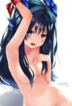  arm_up black_hair blue_eyes blush breasts cleavage hair_censor horns karin_(p&amp;d) khibiki long_hair medium_breasts navel nude open_mouth out-of-frame_censoring puzzle_&amp;_dragons solo 