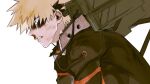  1boy bakugou_katsuki blonde_hair blood boku_no_hero_academia commentary_request crying crying_with_eyes_open dirty dirty_face eye_mask from_side highres korean_commentary male_focus mask nosebleed red_eyes short_hair simple_background solo spiked_hair superhero_costume tears teeth ttangkong88 white_background 