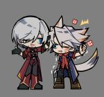  2boys animal_ears annoyed arm_up arms_up belt black_belt black_gloves black_shirt blue_coat blue_eyes blush_stickers boots bracelet brown_boots clenched_teeth coat commentary_request dante_(devil_may_cry) deformed devil_may_cry_(series) devil_may_cry_4 gloves grey_background grey_hair hood hood_down hoodie jewelry kemonomimi_mode korean_commentary male_focus multiple_boys nero_(devil_may_cry) one_eye_closed open_mouth parted_bangs pizzaaschoolll red_coat red_hoodie shirt simple_background standing tail teeth triangle_mouth uncle_and_nephew wolf_boy wolf_ears wolf_tail 
