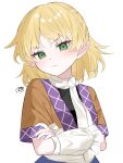  1girl absurdres arm_warmers blonde_hair brown_shirt closed_mouth crossed_arms green_eyes highres homura_(homura_me) looking_at_viewer medium_hair mizuhashi_parsee pointy_ears scarf shirt signature simple_background solo touhou upper_body white_background white_scarf 