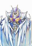  1boy absurdres armor blue_armor commentary gold_armor head_wings highres large_head_wings male_focus mecha mecha_focus multicolored_armor rahxephon rahxephon_(mecha) robot solo upper_body user_haay5824 water white_armor wings 