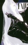  1boy black_coat black_gloves chest_strap closed_mouth coat commentary final_fantasy final_fantasy_vii gloves grey_hair hayashishisou highres holding holding_phone lips long_hair long_sleeves looking_up male_focus parted_bangs phone sephiroth solo symbol-only_commentary upper_body 