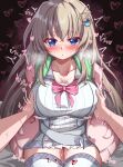  1girl 1other 9-nine- absurdres alternate_breast_size_(larger) belt blue_eyes blush breasts brown_hair cardigan collarbone commentary_request cowboy_shot dress eyes_visible_through_hair gabanborjarnon gear_hair_ornament grabbing_another's_breast grey_belt groping hair_between_eyes hair_ornament hakusen_academy_school_uniform heart heart_background heavy_breathing highres huge_breasts kujou_miyako long_hair looking_at_viewer motion_lines open_cardigan open_clothes parted_lips pink_cardigan pov pov_hands school_uniform short_dress sidelocks simple_background sitting solo_focus sound_effects star_(symbol) star_print straight-on sweat taut_clothes thighhighs twitching very_long_hair white_dress white_thighhighs wing_hair_ornament zettai_ryouiki 