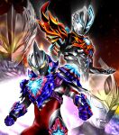  2boys abs alien armor asymmetrical_armor asymmetrical_horns blue_armor blue_gem blue_horns blue_skin character_background clenched_hands color_timer colored_skin commentary compound_eyes cropped_torso crystal cupping_hand dorsal_fin english_commentary fiery_background firdran_armor fire forehead_jewel galaxy_armor gauntlets gem giant giant_male glowing glowing_armor glowing_eyes glowing_horns hanejidyna86 highres horns in-franchise_crossover knee_pads looking_down male_focus multicolored_armor multicolored_skin multiple_boys muscular muscular_male no_pupils orange_armor pectorals purple_armor rainbow_background red_armor red_skin shoulder_armor silver_skin tokusatsu twitter_username ultra_series ultraman_arc ultraman_arc_(series) ultraman_blazar ultraman_blazar_(series) upper_body white_eyes yellow_eyes 