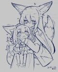  2girls absurdres animal_ears arknights blush braid closed_mouth commentary_request fox_ears fox_girl greyscale highres monochrome mother_and_daughter multiple_girls open_mouth suzuran_(arknights) tail twin_braids vulpisfoglia_(arknights) watermark yui_(tdragono_1011) 