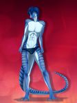  abs aki_de-volfs.ar anthro blue_hair blue_skin bulge clothing forked_tongue hair invalid_tag looking_at_viewer male navel red_background scalie simple_background smile solo standing stripes tongue tongue_out underwear 