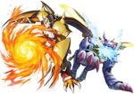  claws digimon digimon_world_-next_0rder- fireball glowing glowing_eyes green_eyes helmet horns metalgarurumon monster no_humans official_art open_mouth red_eyes red_hair simple_background teeth tongue wargreymon watanabe_kenji white_background 