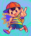  1boy arms_up backpack bag baseball_cap black_hair blue_eyes blue_shorts blush_stickers cinnabeep commentary dot_nose english_commentary full_body hat highres male_focus mother_(series) mother_2 ness_(mother_2) open_mouth outstretched_arm red_hat red_shoes shoes short_hair short_sleeves shorts smile socks solo triangle_mouth twitter_username two-tone_shirt v white_socks 