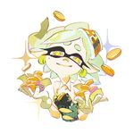  1girl between_breasts breasts coin commentary_request detached_collar earrings eyelashes gloves highres hotaru_(splatoon) inoue_seita jewelry money object_on_head official_art simple_background solo sparkle splatoon_(series) splatoon_1 upper_body white_background white_gloves yellow_eyes 