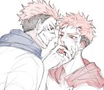  2boys black_hair blood blood_on_face commentary_request facial_mark finger_in_another's_mouth hand_on_another's_chin hood hood_down hoodie itadori_yuuji jujutsu_kaisen kan_(forest_kan) male_focus multicolored_hair multiple_boys one_eye_closed pink_hair red_eyes red_hoodie ryoumen_sukuna_(jujutsu_kaisen) short_hair sideburns simple_background two-tone_hair undercut white_background 