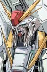  commentary_request company_connection glowing glowing_eyes green_eyes gundam gundam_hathaway's_flash highres huo_ji_wu mecha mecha_focus mobile_suit no_humans open_mouth robot science_fiction sunrise_(company) v-fin xi_gundam yuusha_series zooming_in 