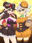  aori_(splatoon) basket black_hair black_legwear black_nails blood blood_from_mouth breasts candy cape cleavage coffin domino_mask dress earrings food gloves green_lipstick grey_hair grin halloween hand_on_hip hat highres hotaru_(splatoon) huge_breasts jack-o'-lantern jewelry large_breasts lipstick lollipop long_hair looking_at_viewer makeup mask mole mole_under_eye multiple_girls nail_polish pink_nails pointy_ears purple_lipstick smile splatoon_(series) splatoon_1 stitches taka-michi teeth tentacles thighhighs twintails 