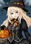  alternate_color alternate_headwear atago_(kantai_collection) bat black_gloves blonde_hair blue_sky breasts bucket cloud container gloves halloween halloween_basket hat heart kantai_collection large_breasts long_hair looking_at_viewer military military_uniform night open_mouth pumpkin sky smile solo uniform upper_body witch_hat you_steelo 