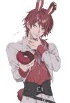  1boy alternate_costume animal_ears chouchan commentary cowboy_shot donut food food_on_face green_eyes hair_between_eyes highres holding holding_donut holding_food jacket jewelry kemonomimi_mode lauren_iroas long_hair long_sleeves looking_at_viewer male_focus multiple_rings nijisanji open_clothes open_jacket ponytail rabbit_ears rabbit_tail red_hair red_shirt ring shirt side_ponytail simple_background tail untranslatable_commentary virtual_youtuber white_background white_jacket wiping_mouth 