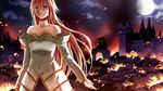  archetype_earth arcueid_brunestud blonde_hair breasts castle cloud dress egnis fire full_moon highres long_hair medium_breasts moon red_eyes smoke solo strapless strapless_dress tsukihime type-moon 