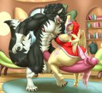  absurd_res anthro balls big_penis biped black_body blues64 blush breasts butt canid canine clothed clothing detailed_background equid equine eyelashes female fluttershy_(mlp) friendship_is_magic fur genitals hasbro hi_res huge_penis hyper hyper_genitalia hyper_penis inside looking_back male male/female mammal marauder6272 multicolored_body my_little_pony mythological_creature mythological_equine mythology pegasus penis pupils red_clothing size_difference thick_thighs wings 