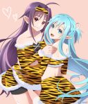 2girls :d ahoge alternate_costume animal_print artist_name asuna_(sao) asuna_(sao-alo) back bare_shoulders black_shorts black_skirt black_tube_top blue_eyes blue_hair braid breasts closed_mouth collarbone commentary_request cowboy fang from_behind fur-trimmed_skirt fur-trimmed_tube_top fur_trim hair_between_eyes half_up_half_down_braid hand_on_another's_shoulder hand_on_another's_waist heart highres layered_tube_top long_hair long_sidelocks looking_at_viewer looking_back medium_breasts multiple_girls open_mouth orange_skirt orange_tube_top pink_background pointy_ears purple_hair red_eyes short_shorts shorts sidelocks simple_background skirt small_breasts smile strapless sword_art_online teeth tiger_print tongue tu_tora2 tube_top twitter_username two-tone_skirt two-tone_tube_top upper_teeth_only watermark yuuki_(sao) 