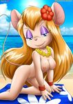  anthro bbmbbf beach blonde_hair blue_eyes breasts female hair half-closed_eyes inviting lahwhinie looking_at_viewer makeup mammal mouse nipples nude palcomix pussy raised_tail rodent seaside smile 