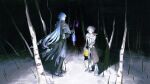  2boys bare_tree black_capelet black_coat black_pants blue_hair blue_pants boots capelet chest_harness coat commentary_request flins_(genshin_impact) full_body genshin_impact gradient_hair harness highres holding holding_lantern illuga_(genshin_impact) lantern long_hair looking_at_viewer male_focus multicolored_hair multiple_boys night outdoors pants parted_bangs shirt skyskywww snow standing tree turtleneck very_long_hair white_hair white_shirt 