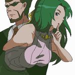  1girl bare_shoulders beard breasts facial_hair finger_to_mouth formal green_hair higurashi_no_naku_koro_ni jewelry kasai_tatsuyoshi kon_(kdash) large_breasts long_hair looking_at_viewer lowres necklace necktie simple_background skirt sonozaki_shion suit sunglasses sweater_vest 