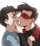  2boys animification anthony_stellar black_bodysuit black_hair black_shirt blue_bodysuit blue_shirt bodysuit brown_hair clothes_grab domino_mask dual_persona elijah_douchnov eye_contact eye_mask facepaint grabbing_another's_shirt hand_on_another's_chin hand_on_another's_face highres imminent_kiss jacket looking_at_another male_focus mask multiple_boys my_student_spirit parted_lips selfcest shirt short_hair simple_background superhero_costume sweatdrop upper_body white_background yaoi yy20251111 