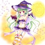  bad_id bad_pixiv_id blush book breasts cleavage garter_straps green_hair halloween hat highres long_hair looking_at_viewer magic_circle medium_breasts mizuse_ruka original red_eyes smile solo striped striped_legwear thighhighs witch_hat 
