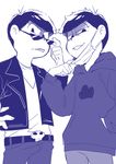  alternate_costume bad_id bad_twitter_id brothers hand_in_pocket hand_on_hip hood hoodie jacket male_focus mask mask_removed matsuno_ichimatsu matsuno_karamatsu monochrome multiple_boys osomatsu-kun osomatsu-san shaded_face siblings smirk sunglasses surgical_mask upper_body 