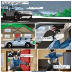 2024 aaron_(artist) andy_porter anthro big_bulge big_butt black_hair blue_clothing blue_hoodie blue_topwear border bottomwear buckteeth building bulge butt clothed clothing clothing_lift comic dialogue digital_media_(artwork) driving_truck ear_piercing ear_ring embarrassed english_text fur green_eyes grey_body grey_fur hair hi_res hoodie house inside lagomorph leporid male mammal midriff mountain muscular muscular_anthro muscular_male night outside pants piercing rabbit ring_piercing shirt shirt_lift short_hair snow speech_bubble suv talking_to_self teeth text tight_bottomwear tight_clothing tight_pants topwear truck undressing url vehicle white_border