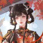  1girl absurdres autumn_leaves bird_hair_ornament black_dress black_hair blue_sky blunt_bangs bow-shaped_hair braid braided_hair_rings bright_pupils brown_eyes chinese_clothes chinese_commentary closed_mouth collared_dress commentary_request day double_bun dress earrings expressionless eyelashes flower gold_earrings hair_bun hair_ornament hair_rings hair_tubes hairclip highres infinity_nikki jewelry layered_sleeves leaf light_particles lipstick long_sidelocks long_sleeves looking_at_viewer makeup mandarin_collar maple_leaf nikki_(series) outdoors procreate_(medium) red_flower red_lips red_tabard short_hair_with_long_locks short_over_long_sleeves short_sleeves sidelocks sky solo song_beyond_(infinity_nikki) tabard tassel wind_chime yichengqiangtangde 