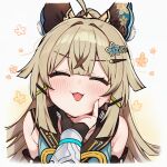  ahoge bare_shoulders blonde_hair blush brown_tank_top cat_girl coat collared_vest commentary_request detached_sleeves flower genshin_impact gloves hair_ornament hairclip hand_on_another's_chin highres kirara_(genshin_impact) long_hair lumine_(genshin_impact) open_mouth partially_fingerless_gloves petals sleeveless sleeveless_coat smile stroking_another's_chin tank_top unajyudayo vest 