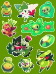  :> :< arms_up black_eyes budew chespin closed_mouth duosion evolution_stone green_background green_eyes green_theme highres iron_leaves meowscarada no_humans open_mouth pink_eyes pokemon pokemon_(creature) pokemon_focus reuniclus shaymin shaymin_(sky) shichi_(7cube_ori) simple_background smoliv sprigatito thunder_stone triangle_mouth 